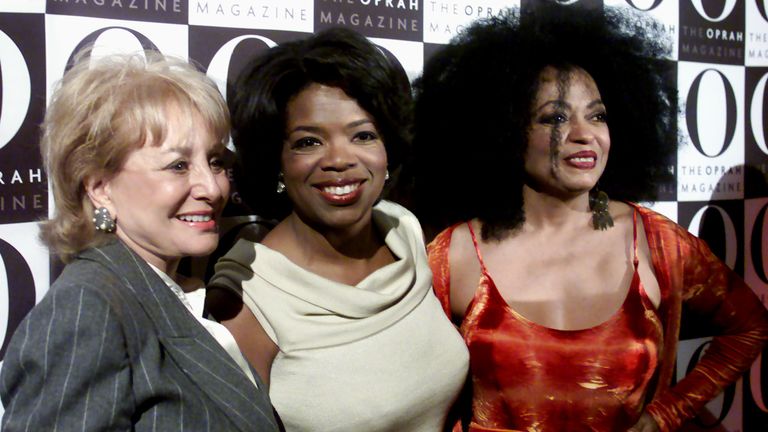 TV personalities Oprah Winfrey (centre) and Barbara Walters (left) with singer Diana Ross (right) at "oh oprah magazine" New York, April 17. Launching nationwide on April 19, the magazine covers every aspect of a woman's life, from inner well-being to relationships, fashion, home design books and food.  BR