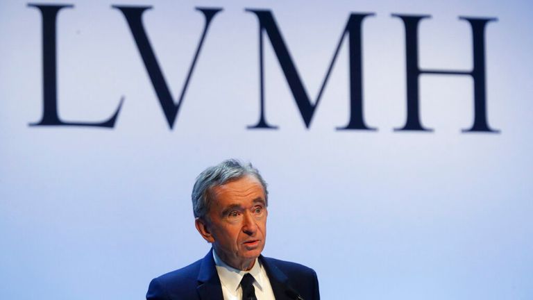 CEO of LVMH Bernard Arnault presents the group&#39;s 2019 results during a press conference, in Paris, Tuesday, Jan. 28, 2020. (AP Photo/Thibault Camus)