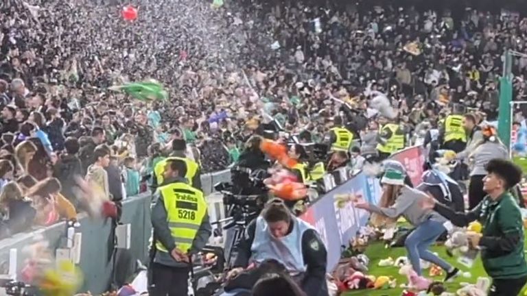Fans of Spanish La Liga club Real Betis have kept up their annual gift-giving tradition by showering their pitch with 14,000 toys for underprivileged children.  Photo: Real Bets Foundation