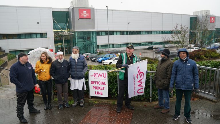 Members of the Communication Workers Union (CWU) on the picket line outside the Central Delivery Office and Mail Centre in Birmingham