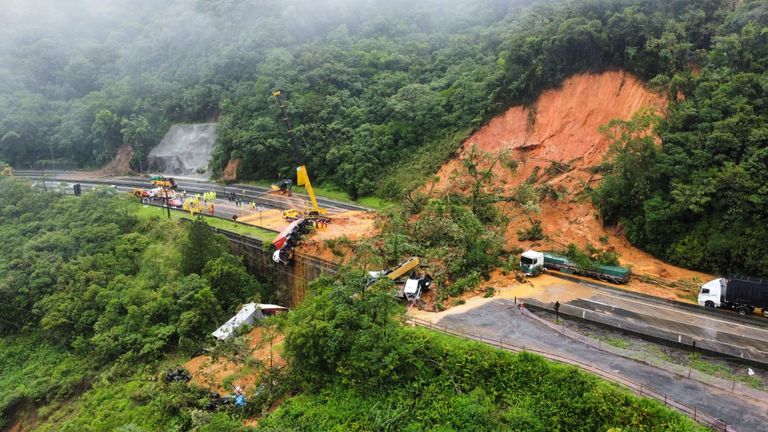 An aerial view of the BR-376 after the landslide in Guaratuba, Parana state in southern Brazil. 