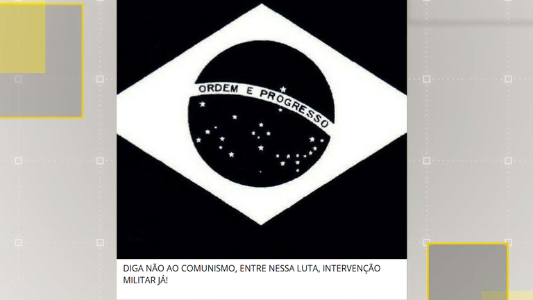 Protesters across Brazil have used the black Brazilian flag to symbolise their view and it&#39;s the same online. Here, the image can be seen with the words: "Say no to communism, join this fight, military intervention now!"