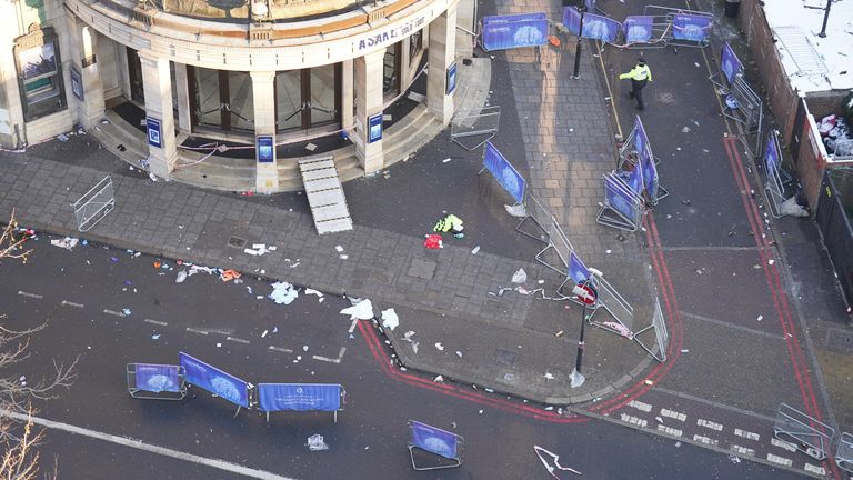 The scene outside Brixton O2 Academy where police are investigating the circumstances which led to four people sustaining critical injuries in an apparent crush
