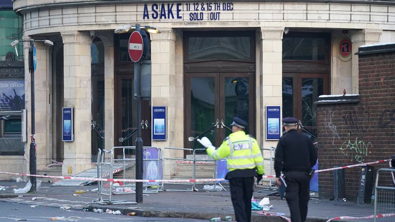 The scene outside Brixton O2 Academy where police are investigating the circumstances which led to four people sustaining critical injuries 