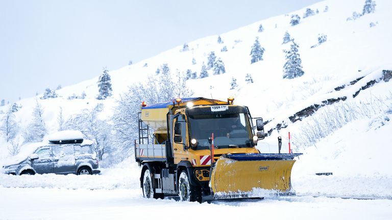 Snow plough in the Cairngorms National Park near Aviemore. Large areas of the country have been warned to expect severe conditions during the weekend, with snow forecast for Scotland and the south-east of England. Picture date: Saturday December 10, 2022.