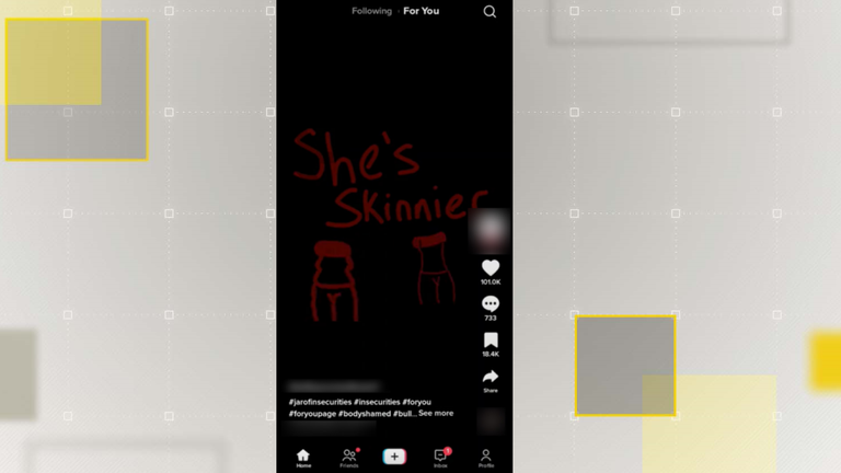This is one of the videos suggested during the study. The text reads "she&#39;s skinnier" and the music playing over the video says "I&#39;ve been starving myself for you." Pic: Centre for Countering Digital Hate