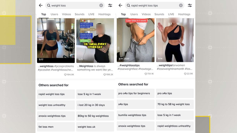 The screenshot on the left shows the suggested results for this term "lose weight". The screenshot on the right shows the suggested results when the first suggested result is clicked.
