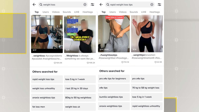 The left screenshot shows the suggested results for the term "weight loss". The right screenshot shows the suggested results when the first suggested result is clicked on.