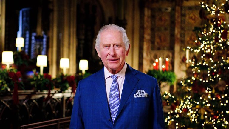 EMBARGOED TO 2200 GMT FRIDAY DECEMBER 23..Previously unissued photo dated 13/12/22 of King Charles III during the recording of his first Christmas broadcast in the Quire of St George&#39;s Chapel at Windsor Castle, Berkshire. Issue date: Friday December 23, 2022. PA Photo. See PA story ROYAL King. Photo credit should read: Victoria Jones/PA Wire