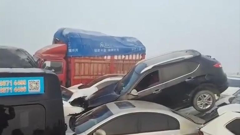 A pile-up involving around 100 vehicles in Zhengzhou, China, left at least one person dead on December 28.
