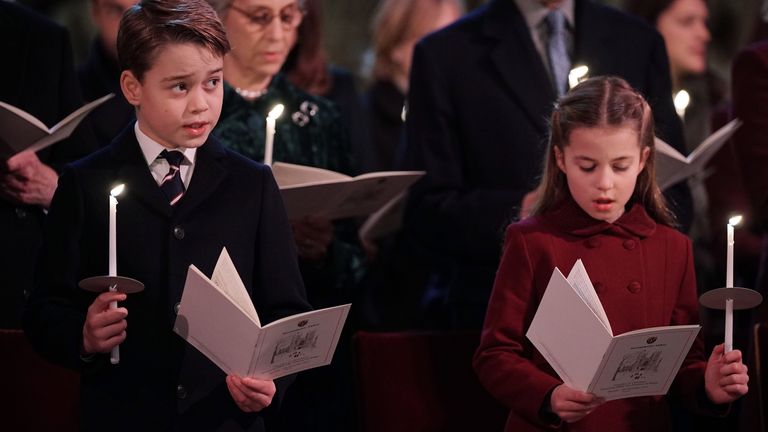Prince George and Princess Charlotte during the &#39;Together at Christmas&#39; Carol Service at Westminster Abbey in London. Picture date: Thursday December 15, 2022.
