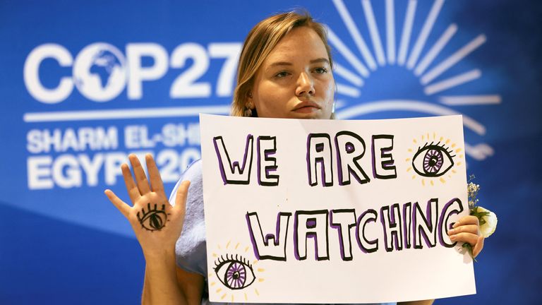 A climate activist protests at COP27 climate summit in Egypt