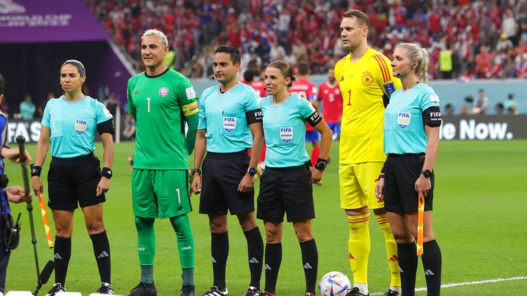 The female officials from left to right: Karen Díaz, Stephanie Frappart and Neuza Ines Back. Pic: AP