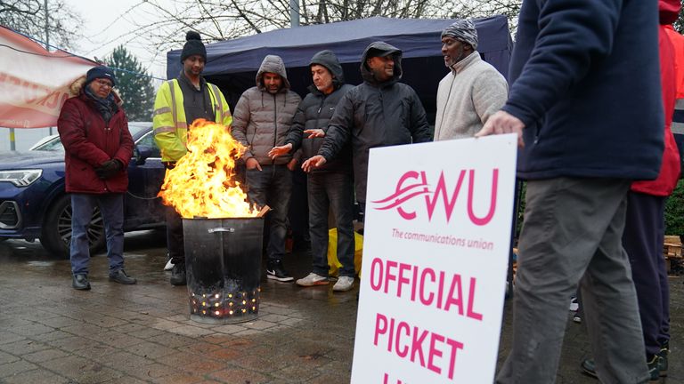 Members of the Communication Workers Union (CWU) on the picket line outside the Central Delivery Office and Mail Centre in Birmingham, as Royal Mail workers stage fresh strikes in the days before Christmas in the increasingly bitter dispute over jobs, pay and conditions. Picture date: Friday December 23, 2022.
