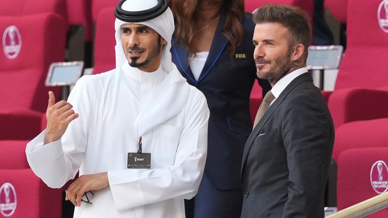 David Beckham  in the stands before the FIFA World Cup Group B match at the Khalifa International Stadium in Doha
