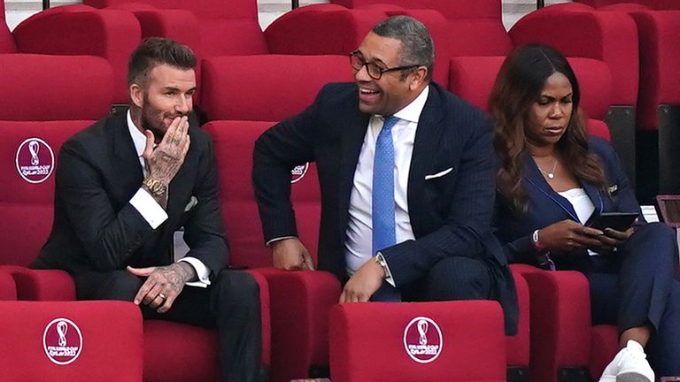 David Beckham and Secretary of State for Foreign, Commonwealth and Development Affairs James Cleverly in the stands during the FIFA World Cup Group B match at the Khalifa International Stadium, Doha. Picture date: Monday November 21, 2022.

