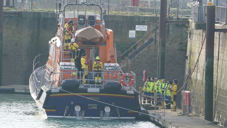 The Dover lifeboat returns to the Port of Dover after a large search and rescue operation launched in the Channel off the coast of Dungeness, in Kent, following an incident involving a small boat likely to have been carrying migrants. Three people have died following the incident and 43 people have been rescued, a Government source said. Picture date: Wednesday December 14, 2022.
