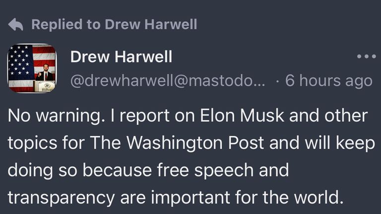 Drew Harwell posted on Mastodon about his ban from Twitter