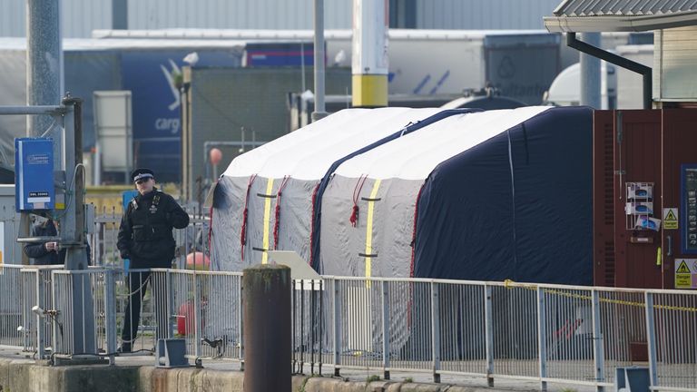 Forensic tents erected at the RNLI station at the Port of Dover following a large search and rescue operation launched in the Channel off the coast of Dungeness 