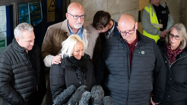 The family of Harry Dunn (left to right) mother Charlotte Charles, stepfather Bruce Charles, family advisor Radd Seiger, father Tim Dunn, stepmother Tracey Dunn, outside the Old Bailey, London, after Anne Sacoolas was sentenced to eight months in prison suspended for 12 months or causing the death of the 19 year old. Sacoolas, 45, admitted causing the death by careless driving of the motorcyclist outside RAF Croughton in Northamptonshire on August 27, 2019. Picture date: Thursday December 8, 202