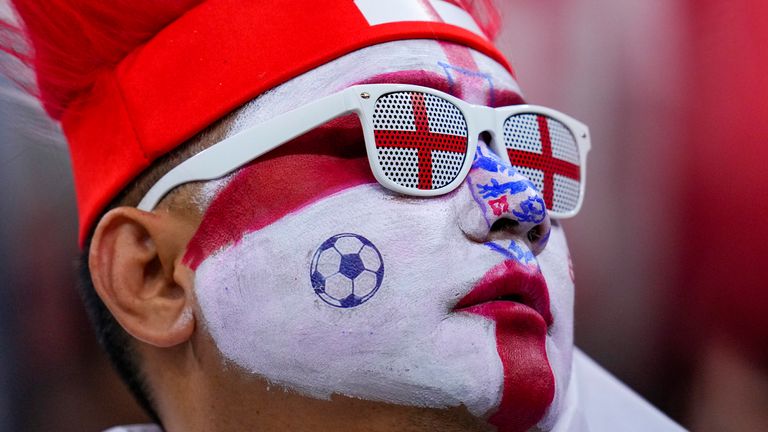 An England fan reacts during the World Cup quarterfinal soccer match between England and France, at the Al Bayt Stadium in Al Khor, Qatar, Saturday, Dec. 10, 2022. (AP Photo/Natacha Pisarenko)