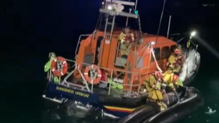 Lifeboat in the English Channel at scene where a migrant vessel capsized