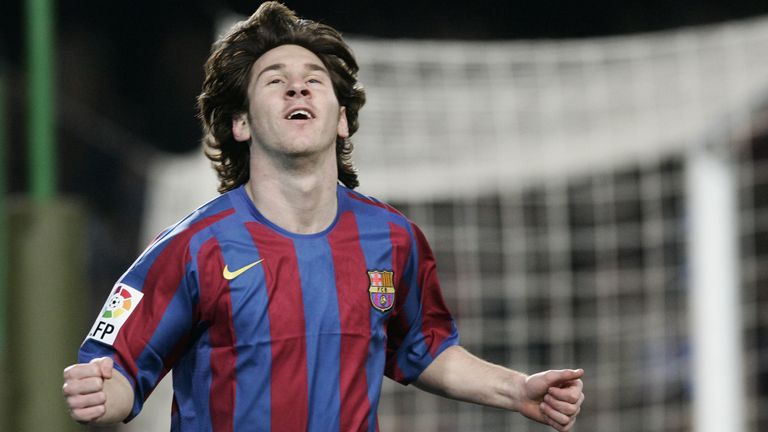 FC Barcelona's player Leo Messi of Argentina celebrates his goal against Betis during their Spanish League soccer match in Barcelona, ​​Spain, Saturday February 18, 2006. Barcelona won 5-1.  (AP Photo/Manu Fernandez)