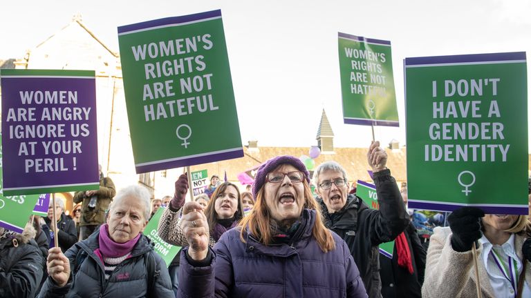 Supporters of the For Women Scotland and the Scottish Feminist Network take part in a demonstration outside the Scottish Parliament in Edinburgh, ahead of the vote on the Gender Recognition Reform (Scotland) Bill. Picture date: Wednesday December 21, 2022.
