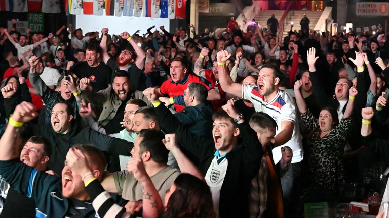 Fans at Winter Gardens Blackpool, reacting to England&#39;s first goal by Harry Kane as they watch a screening of the FIFA World Cup 2022 Quarter Final match between England and France. Picture date: Saturday December 10, 2022.