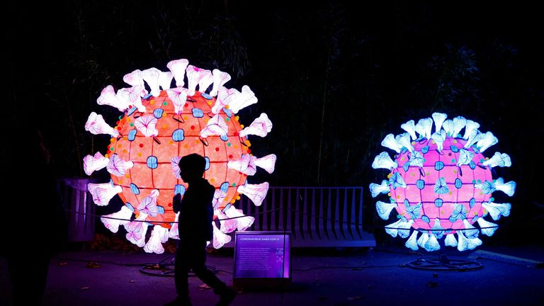 A visitor walks past an illuminated coronavirus (COVID-19) model as he visit the "Mini-Worlds on the Way of Illumination" (Mini-Mondes en voie d&#39;illumination) exhibition during the Light Festival preview at the Jardin des Plantes (Botanical garden) in Paris, France, November 12, 2022. REUTERS/Gonzalo Fuentes TPX IMAGES OF THE DAY
