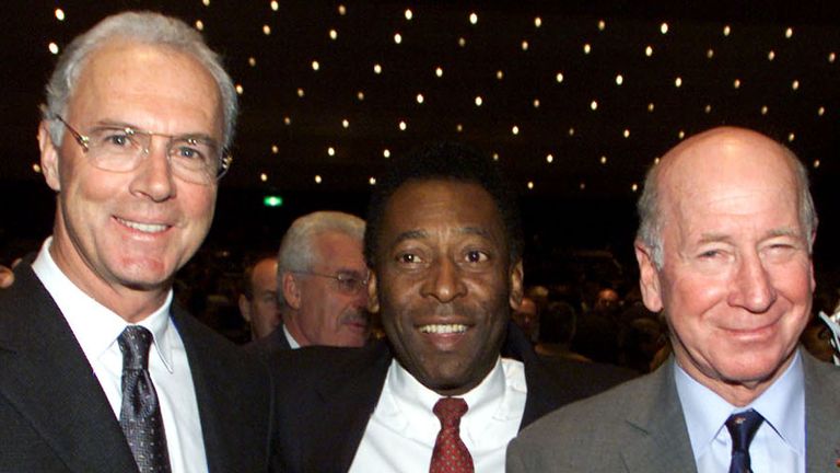Pele with football legends Sir Bobby Charlton and Franz Beckenbauer in 1999