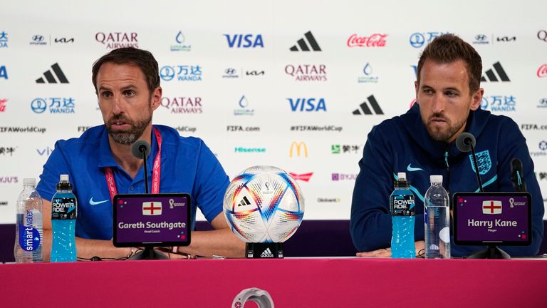 England&#39;s manager Gareth Southgate and striker Harry Kane speak at a news conference. Pic: AP
