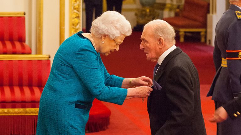File photo dated 07/11/17 of Squadron Leader George Leonard &#39;Johnny&#39; Johnson from Bristol as he was made an MBE (Member of the Order of the British Empire) by Queen Elizabeth II at Buckingham Palace. Mr Johnson, the last surviving Dambuster, has died at the age of 101. He was part of Royal Air Force 617 Squadron, which conducted a night of raids on German dams in 1943 in an effort to disable Hitler&#39;s industrial heartland. Issue date: Thursday December 8, 2022.
