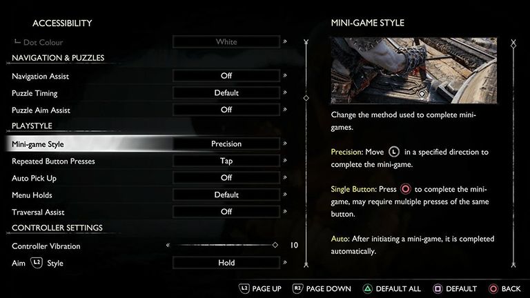 God Of War Ragnarok&#39;s accessibility settings. Pic: Sony