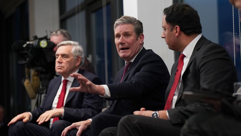  Former prime minister Gordon Brown, Labour Party leader Sir Keir Starmer and Scottish Labour leader Anas Sarwar, who produced the Commission on the UK&#39;s Future report for the party, discuss plans for how a Labour government would spread power, wealth and opportunity across the UK, at the Apex Grassmarket Hotel in Edinburgh. Picture date: Monday December 5, 2022.
