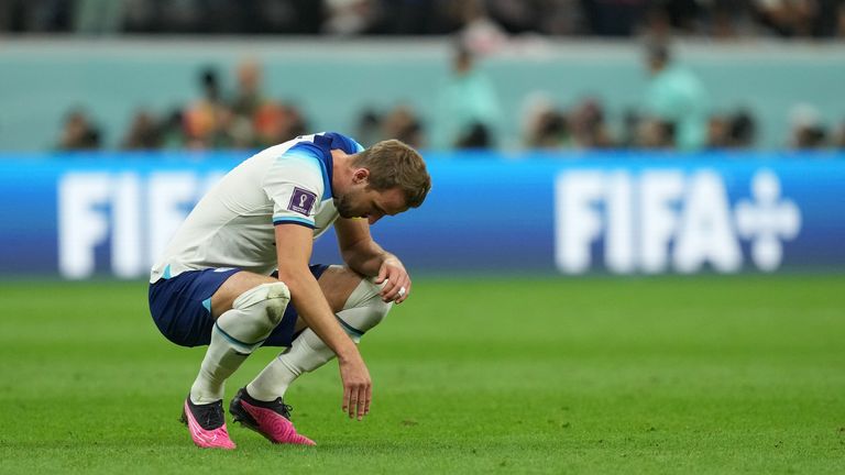 England's Harry Kane looked dejected after their FIFA World Cup quarter-final match at the Al Bayt Stadium in Al Khor, Qatar. Image date: Saturday, December 10, 2022.