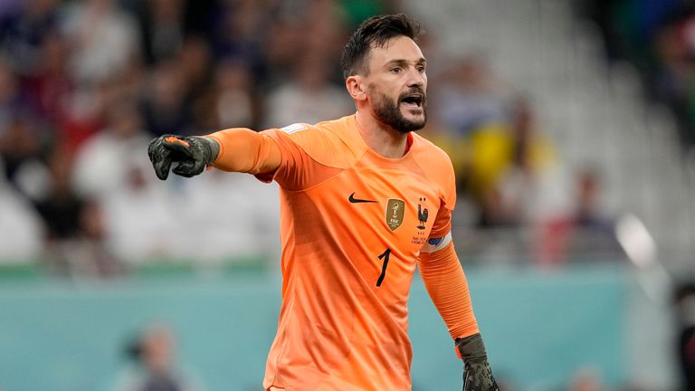 France&#39;s goalkeeper Hugo Lloris gestures during the World Cup round of 16 soccer match between France and Poland, at the Al Thumama Stadium in Doha, Qatar, Sunday, Dec. 4, 2022. (AP Photo/Martin Meissner)