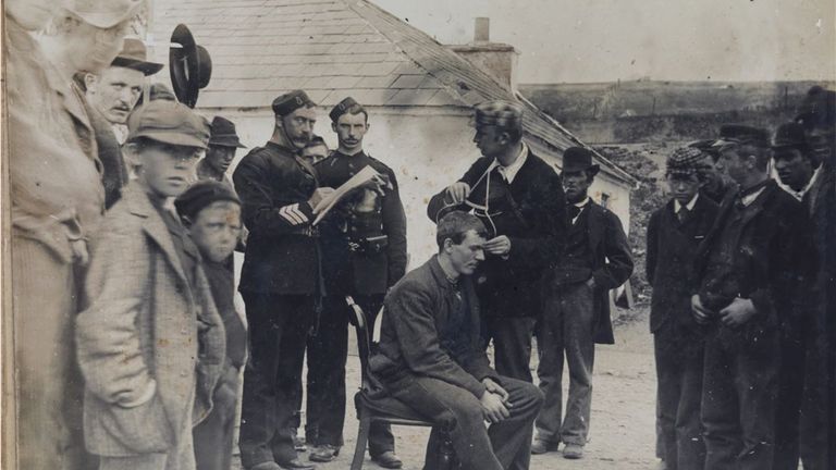 Islander&#39;s skulls being measured with a craniometer on Inishbofin island, 1893. Pic: Trinity College Dublin