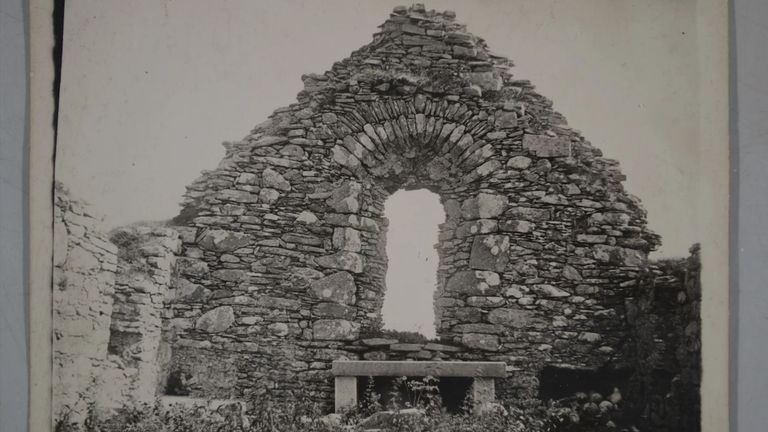 St Colman&#39;s monastery on Inishbofin island, skulls visible bottom right corner. Pic: Trinity College Dublin