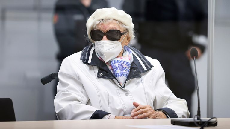 Irmgard Furchner sits in court in Itzehoe, Germany, Tuesday, Nov 9, 2021. The now 97-year-old is charged with being an accessory to murder for her role as secretary to the SS commander of the Stutthof concentration camp during World War II. Pic: Christian Charisius/Pool via AP