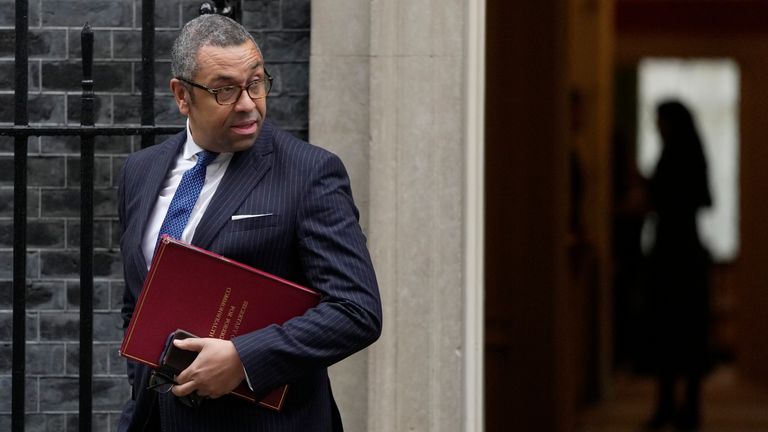Britain&#39;s Foreign Secretary James Cleverly leaves after a meeting in Downing Street in London, Thursday, Nov. 17, 2022. Just three weeks after taking office, British Prime Minister Rishi Sunak faces the challenge of balancing the nation&#39;s budget while helping millions of people slammed by a cost-of-living crisis. Treasury chief Jeremy Hunt will deliver the government&#39;s plan for tackling a sputtering economy in a speech to the House of Commons on Thursday. (AP Photo/Kin Cheung)