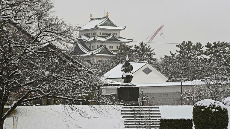 Nagoya castle seen covered with snow. Pic: AP