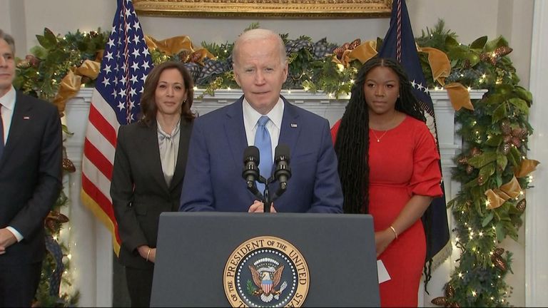 The US basketball star had been imprisoned in Russia after being detained at an airport in Moscow. President Joe Biden says Brittney Griner &#39;lost months of her life&#39; while being &#39;wrongfully detained&#39;.