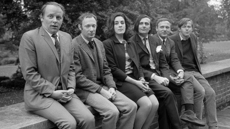 Pictured at the BBC Television Centre, White City, London, is the team for BBC TV&#39;s new late-night satire show featuring (l-r) John Bird, Anthony Holland, Eleanor Bron, Barry Humphries, Andrew Duncan and John Wells.