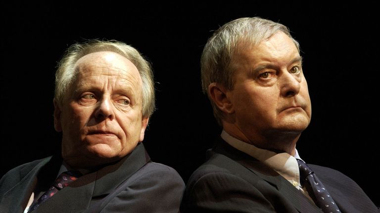 File photo dated 2/10/2002 of John Bird (left) and John Fortune on stage at the Albery Theatre in central London. Comedian Rory Bremner has paid tribute to "one of the greatest satirists", John Bird, who has died at the age of 86. Bird became known for sketches performed alongside John Fortune and Bremner in Channel 4&#39;s satirical show Bremner, Bird And Fortune. Issue date: Wednesday December 28, 2022.
