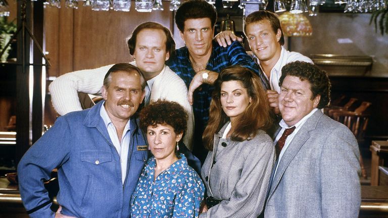 Kirstie Alley poses with fellow Cheers cast members

