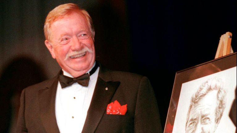 Retired Air Force Col. Joseph W. Kittinger Jr., smiles during his induction into the Aviation Hall of Fame, Saturday, July 19, 1997, in Dayton, Ohio. Kittinger, the U.S. Air Force pilot who held the record for the highest parachute jump for more than 50 years, died Friday, Dec. 9, 2022, in Florida at age 94. (AP Photo/Michael Heinz, File)