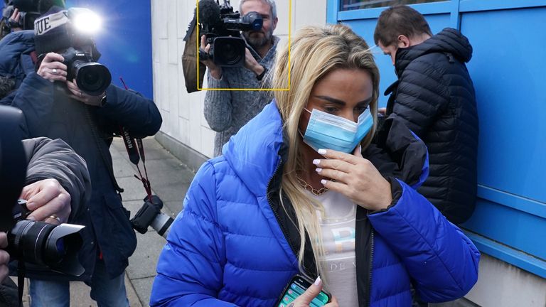 Katie Price outside Crawley magistrates court in Dec 2012. Footage from her arrival used in Harry and Meghan documentary trailer