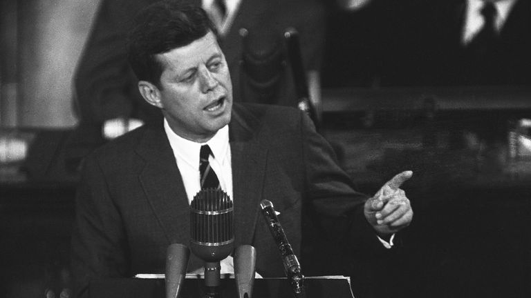 President John F. Kennedy is shown during his address before a joint session of Congress in Washington, May 25, 1961.  The president urged congressional approval of additional funds to bolster space, foreign aid and defense programs.  (AP Photo)