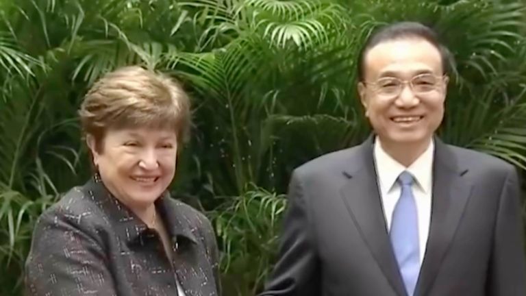 In this image taken from video footage run by China&#39;s CCTV, Chinese Premier Li Keqiang and IMF Managing Director Kristalina Georgieva shake hands before a meeting in Huangshan in eastern China&#39;s Anhui province on Thursday, Dec. 8, 2022. With the implementation of adjusted anti-COVID measures, China&#39;s economic growth will enjoy sustainable rebound, Chinese Premier Li Keqiang told visiting heads of international organizations, state broadcaster CCTV reported. (CCTV via AP)